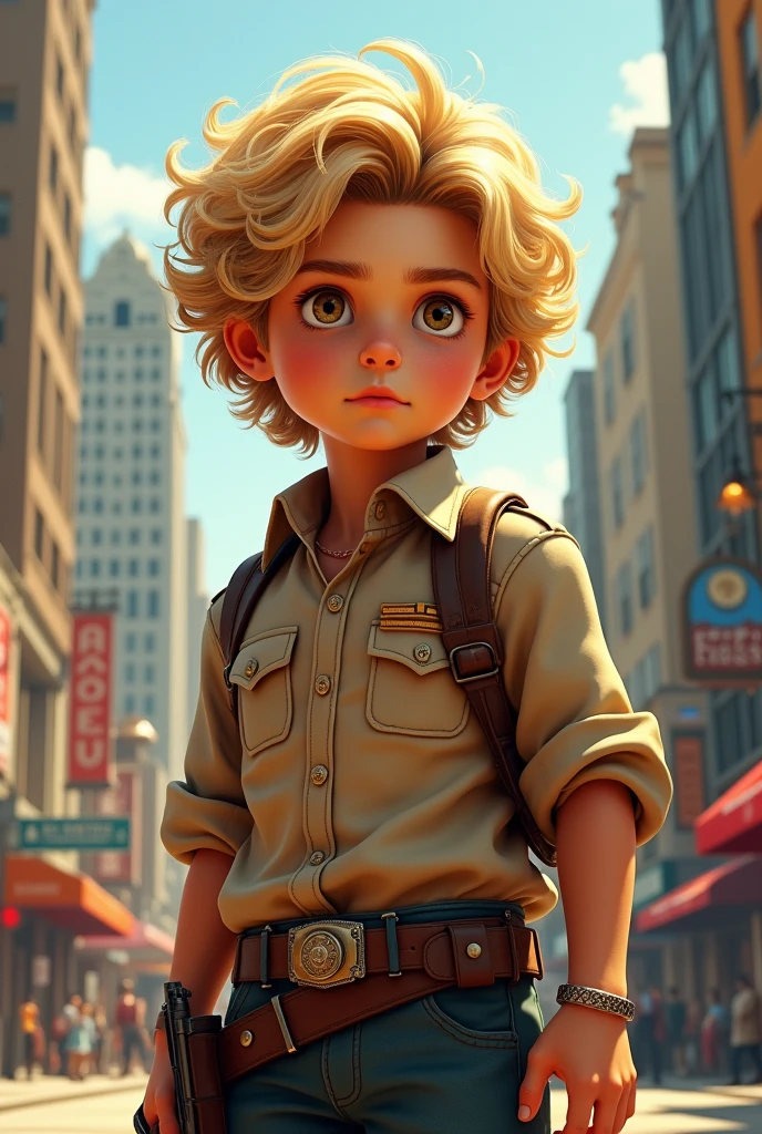 sheriff of los angeles, curly haired blonde (boy) uses a gun