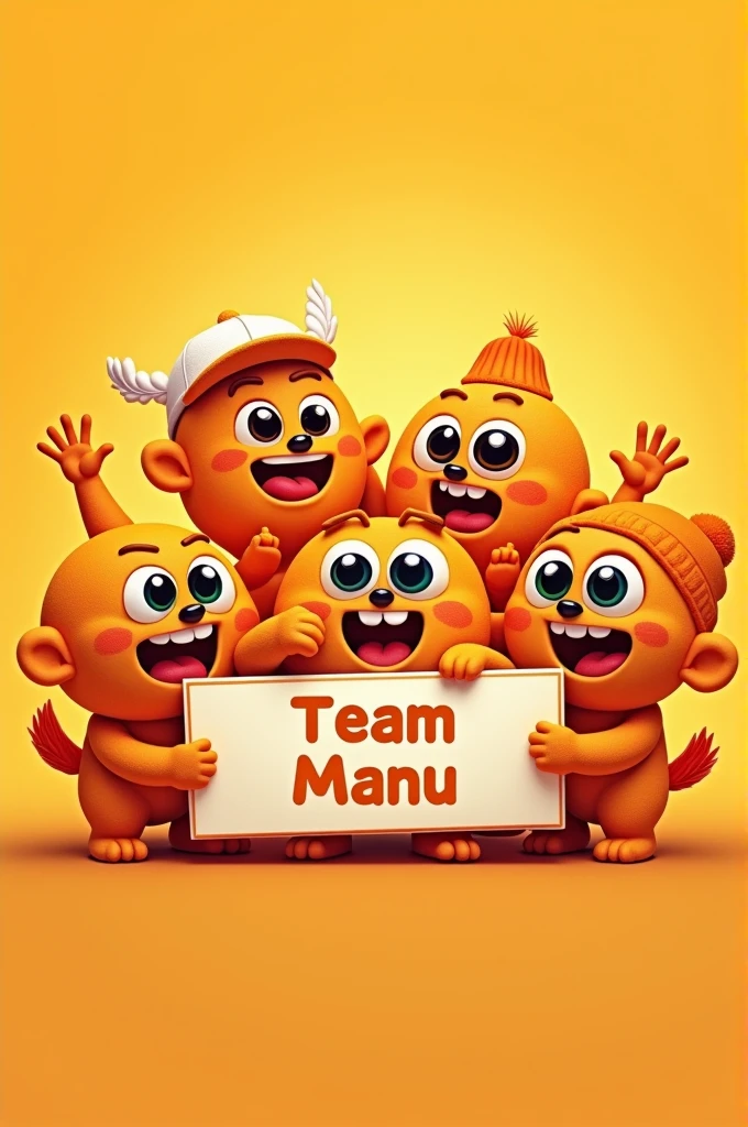 Create lots of cute orange cartoons with a sign that says Team Manu