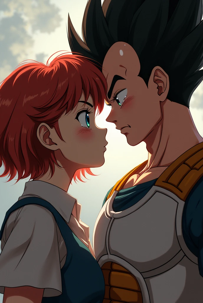  Vegeta crying , saying goodbye to Bulma who has short red comor hair and a sign that says "Valentina and Jonathan I LOVE YOU"