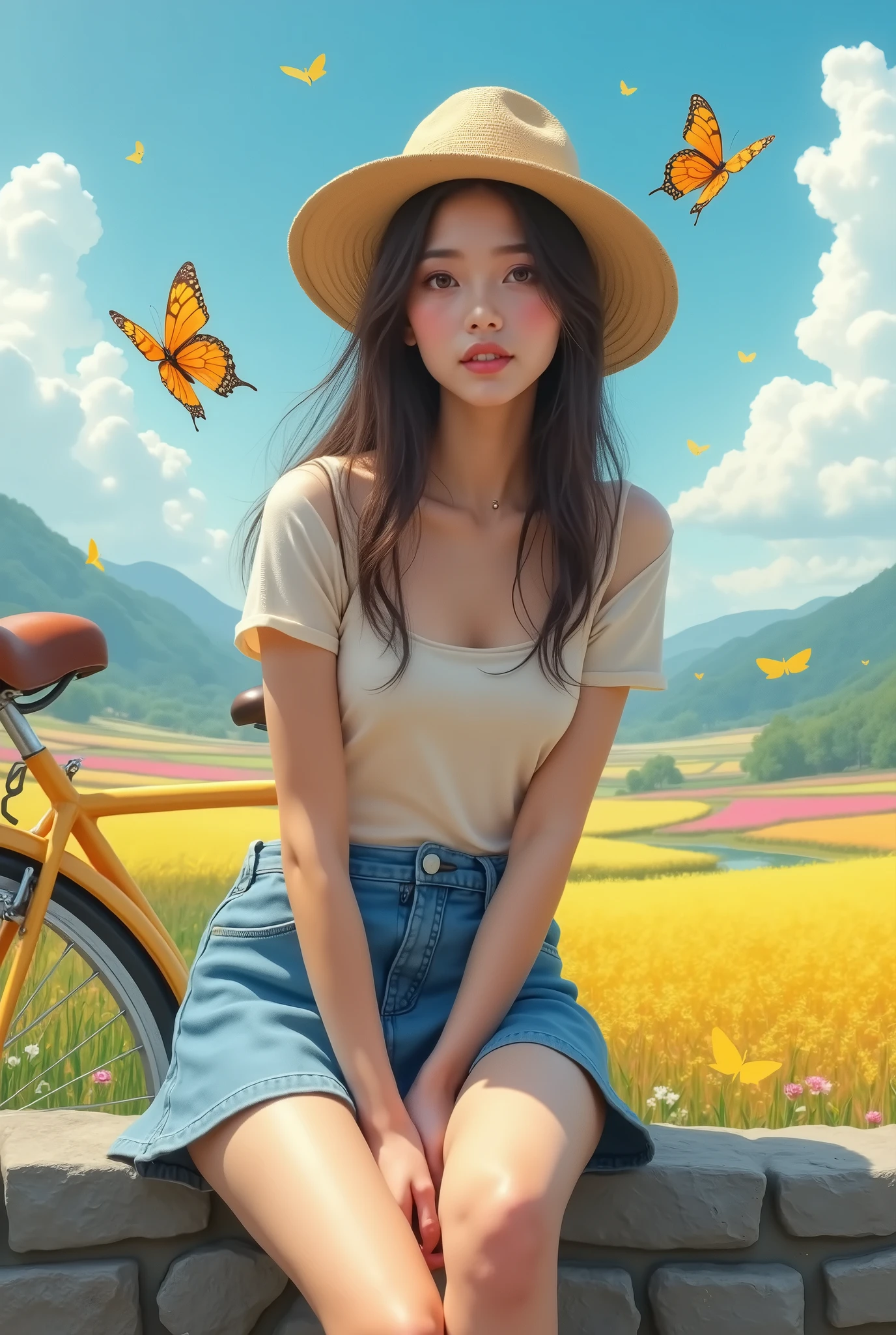Hyper realistic faces a very sexy beautiful girl wearing a light-colored straw hat, light-colored top, and slim blue mini skirt is smiling and sitting next to a stone wall, with a full yellow classic bike accompanying her. There are colorful river fields in the foreground, blue sky and white clouds in the background, focus a beautiful girl with realistic faces and best eyes, and a few butterflies flying, masterpiece, UHD, 18K