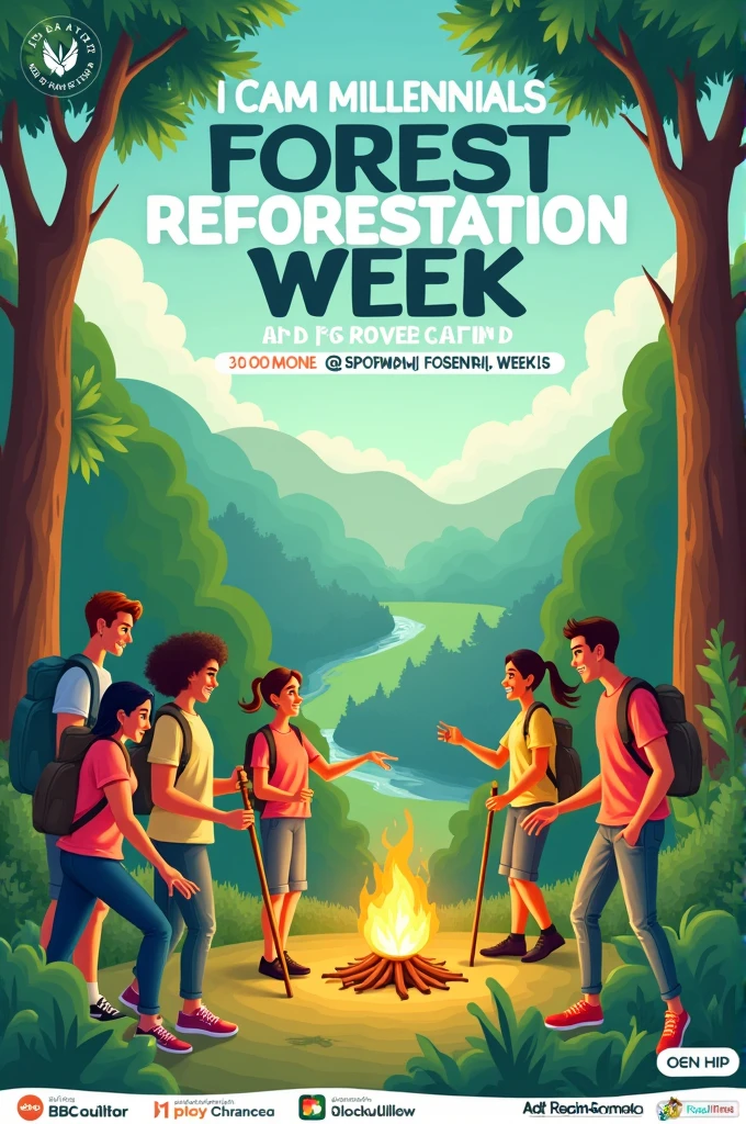 Create a millennial poster for forest reforestation week and forest camp activities
