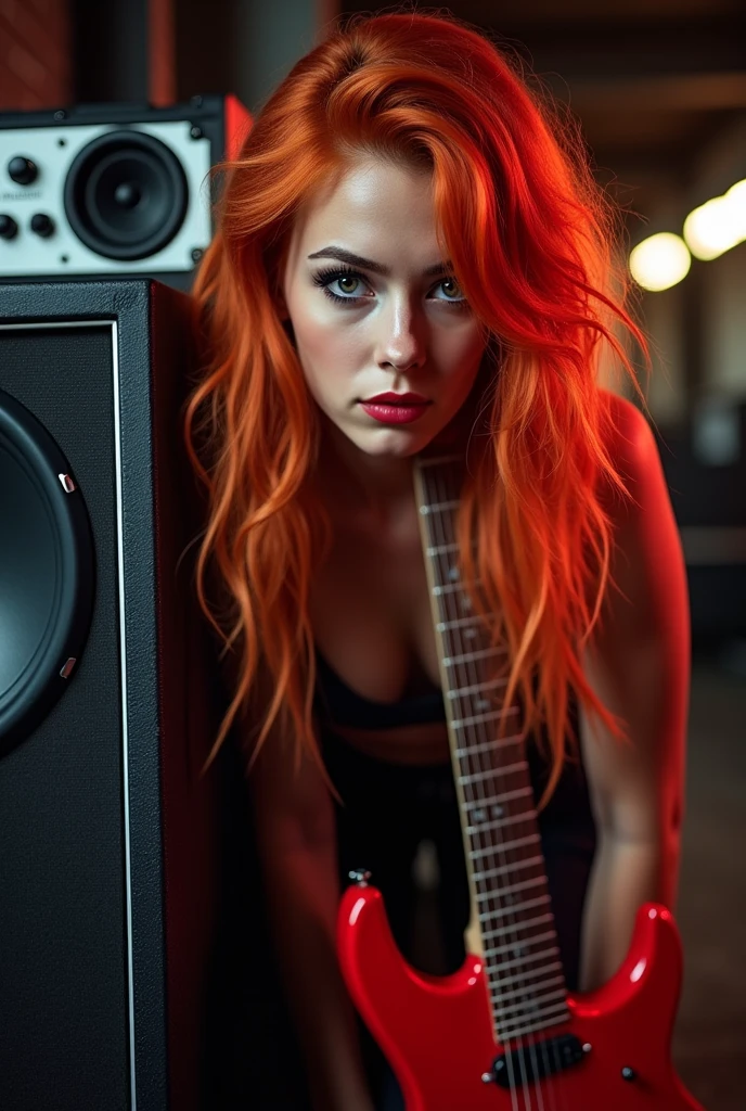 Subwoofer, red hair, girl, nfsw, guitar red, speaker