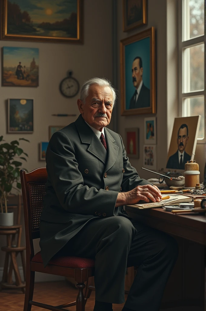 An elderly Hitler, surrounded by his paintings in his studio, smiling and at peace.