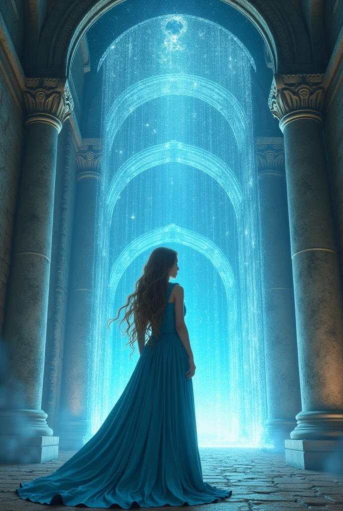 (Photofantasy:2.3) A girl in a blue medieval dress and long hair in front of several portals that take you to fantasy places