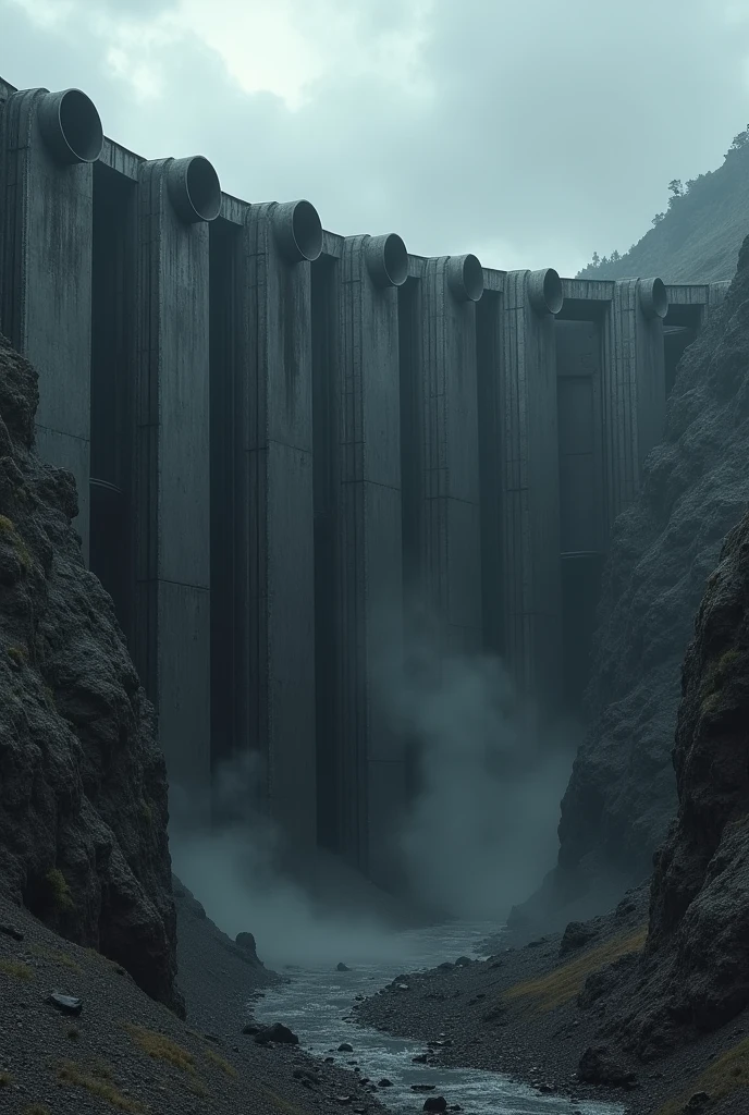 make a giant dark concrete wall 30 meters high with ten round pipes of 15 meters in diameter coming out of it, the wall is over a canyon, the pipes are huge dark and abandoned, alien structure with cloudy and stormy sky, dark rocky soil, steam coming out of the pipes