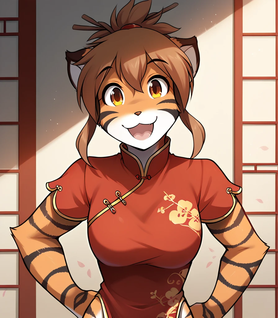 score_9, score_8_up, score_7_up, score_6_up, score_5_up, score_4_up, rating_explicit, source_furry, female, cute anthro female, cute face, detailed background, looking at viewer, solo, solo focus, (digital pen line-art, soft lines, soft shading, pinup, cartoon, anime:1.2), tkflora,tiger, striped fur, tiger tail, open smile, muscular body (red Qipao:1.4), (tied hair, hairsticks:1.3), chinise hall