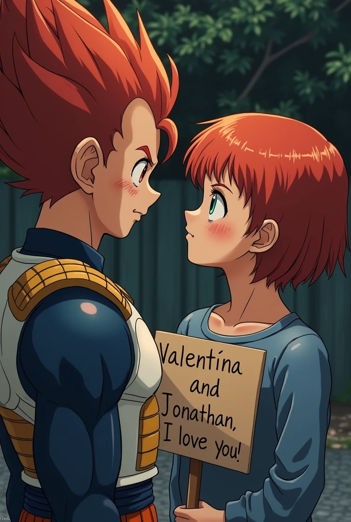 Vegeta crying , saying goodbye to Bulma who has short red comor hair and a sign that says "Valentina and Jonathan I LOVE YOU"