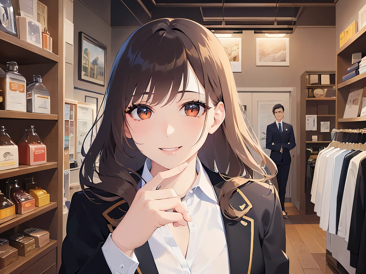 Detailed CG,Ultra-fine illustrations,masterpiece,Highest quality,BREAK(business suit:1.5)BREAK,Realistic,Real person,RAW Photos,Realistic(Pale skin:1.2),Glowing Skin,Shiny Hair,(A 32-year-old woman with medium-length hair and bangs)and(Wavy Hair)and(Brown Hair)and(Orange eyes),(smile:1.5),The background is the interior of a clothing store.,Alone,(Hurrah),(Biologically correct5Finger)