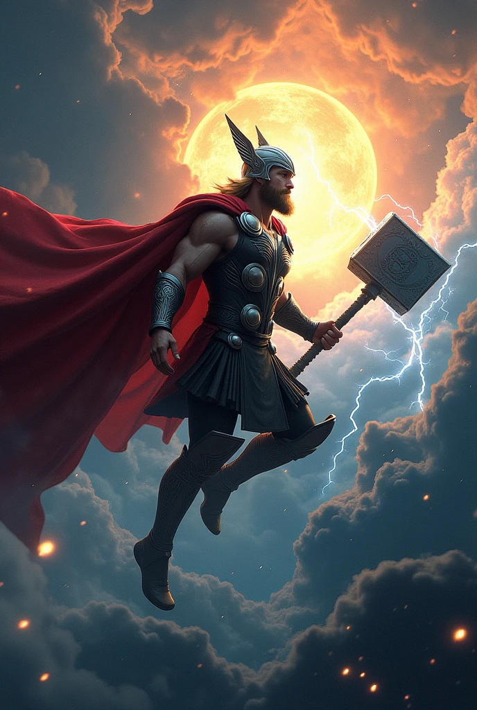 Thor flying in front of sun in the space with his lighting