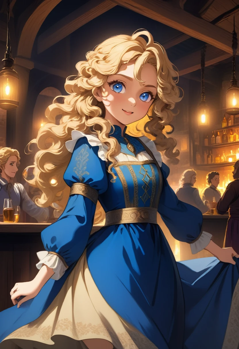 masterpiece, safe, best quality, expressive eyes, perfect face a young anime woman in renaissance, historical, fantasy wearing blue dress long curly blonde hair down her waist no bangs saphire eyes. she is in a night time tavern, happy, excited to enjoy the music
