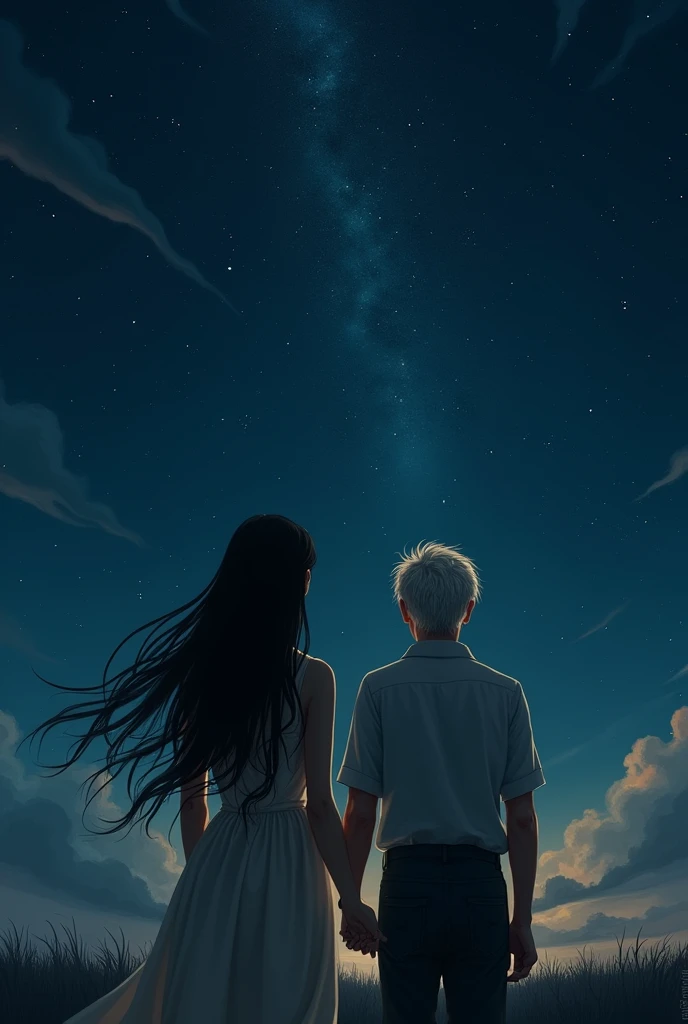 Create a 23 year old girl with long black hair next to a 125 year old boy with blonde hair, In the background the night with stars and the two of them with their backs turned