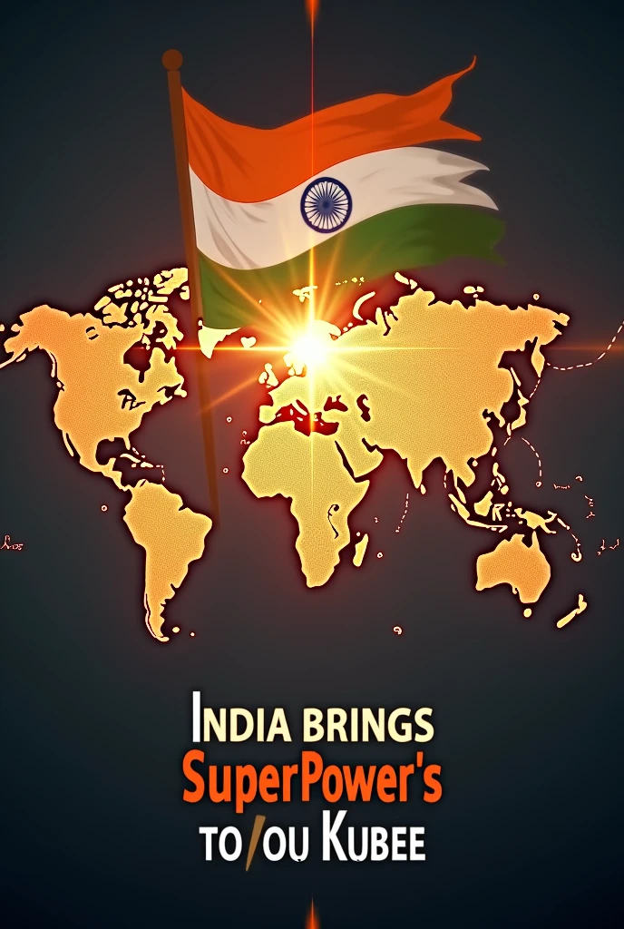 "Design a dynamic YouTube thumbnail that visually captures India's rise to global prominence and influence over superpowers. The background should feature a world map subtly overlaid with glowing lines connecting India to major world capitals, symbolizing its global influence. In the center, depict India's flag prominently, radiating energy or light, symbolizing strength and sovereignty. Surround the flag with small but clear icons representing economic growth (a bar chart), nuclear power (an atom symbol), space achievements (a satellite or rocket), diplomatic influence (a handshake or globe), and cultural power (a yoga pose or Bollywood film reel). Use bold, impactful fonts for the title 'India Brings Superpowers to Their Knees' in vibrant colors like saffron and white, ensuring it's easily readable on a small screen."
This thumbnail design should be eye-catching and convey the strength and influence of India on the global stage, appealing to viewers interested in geopolitical and cultural content.