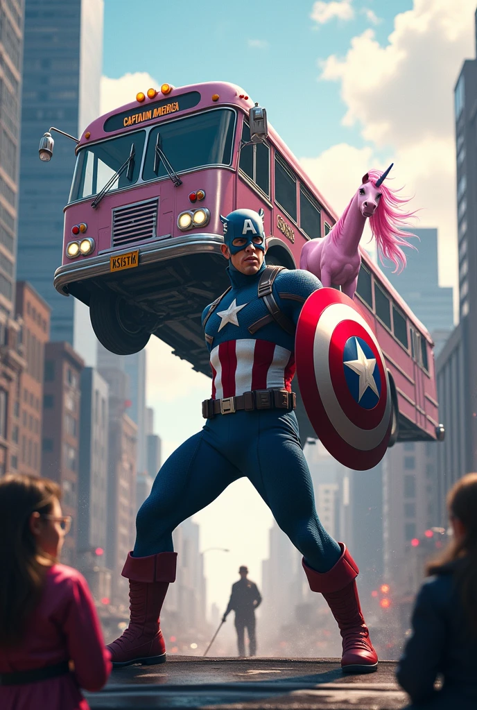 Captain America qui lance un bus avec une licorne rose dessus