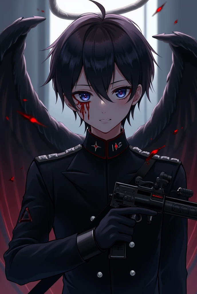 A 16 year old boy, dressed like a soldier but in a black uniform, with a soldier's weapon, with dark brown hair and dark blue eyes, look and smiling expression a little psychopathic, with blood stains on the face, with black gloves, anime style, He looks slightly annoyed but smiles with an air of superiority and his face is slightly shadowed., her pupils of eyes like red diamonds, Anime style the boy, that is in a dark, with angel wings