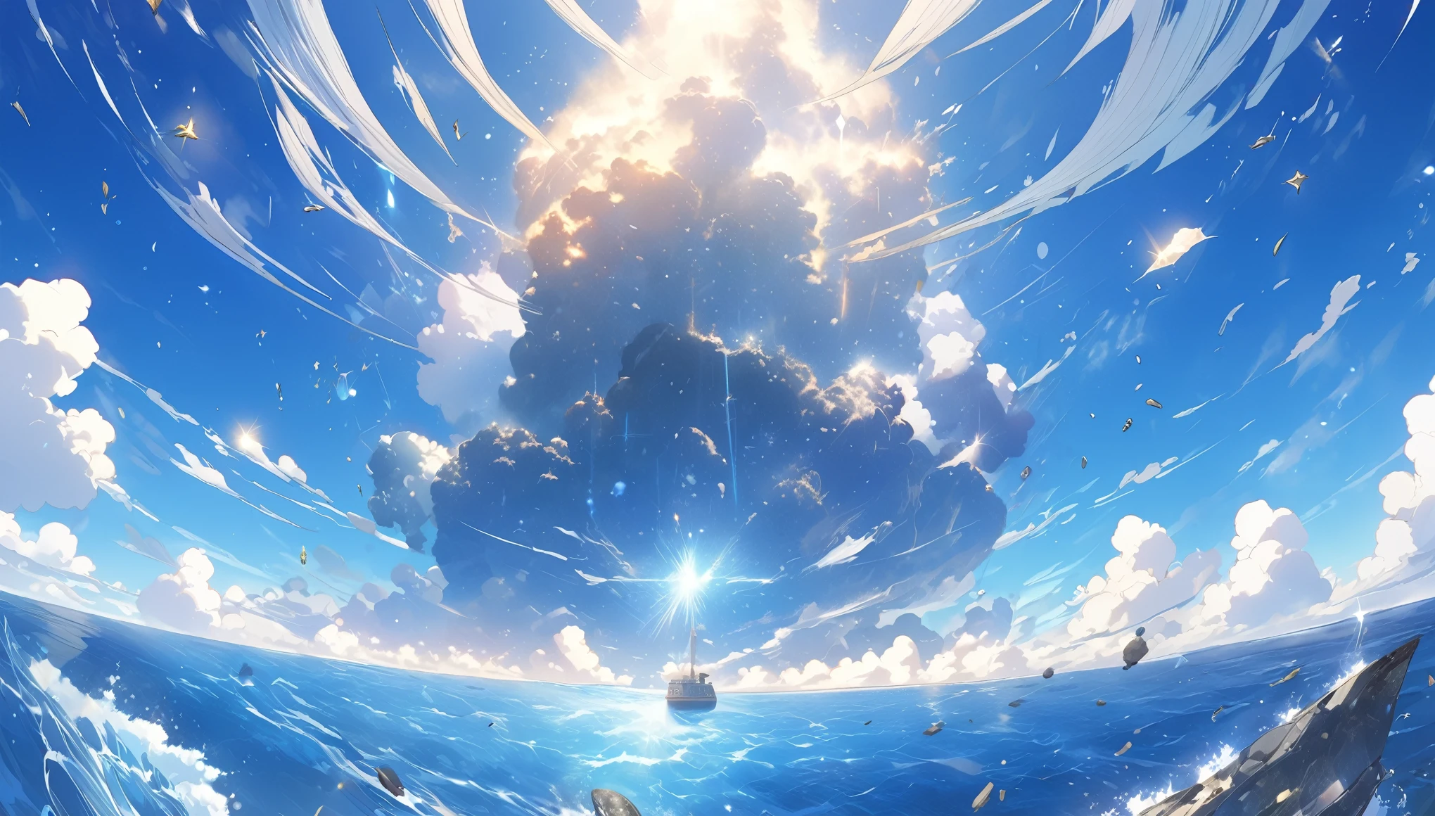 High definition、high resolution、Masterpiece、Meteorites falling into the ocean、In 1999、Great Prophecy of Nostradamus、The sea surface explodes、Daytime background、Makoto Shinkai style