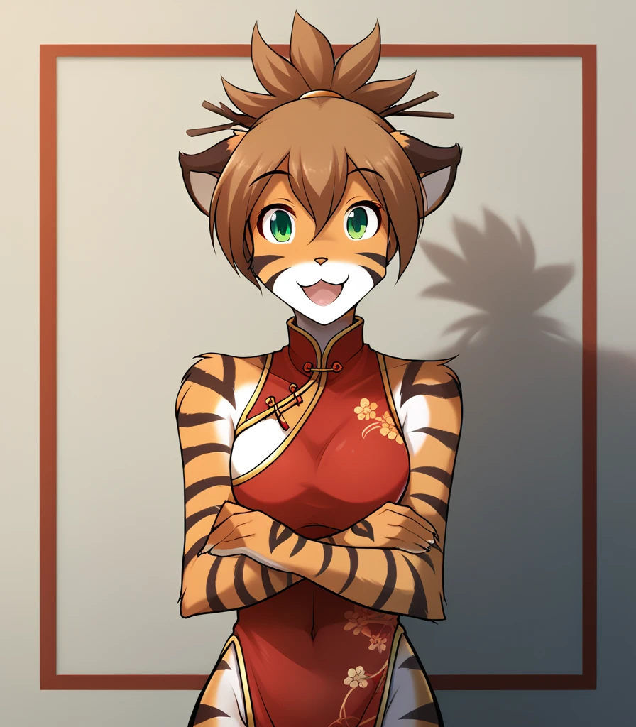 score_9, score_8_up, score_7_up, score_6_up, score_5_up, score_4_up, rating_explicit, source_furry, female, cute anthro female, cute face, detailed background, looking at viewer, solo, solo focus, (no nipples, no vagina:1.2), (digital pen line-art, soft lines, soft shading, pinup, cartoon, anime:1.2), tkflora,tiger, striped fur, tiger tail, open smile, muscular body (red Qipao:1.4), (tied hair, hairsticks:1.3), chinise hall