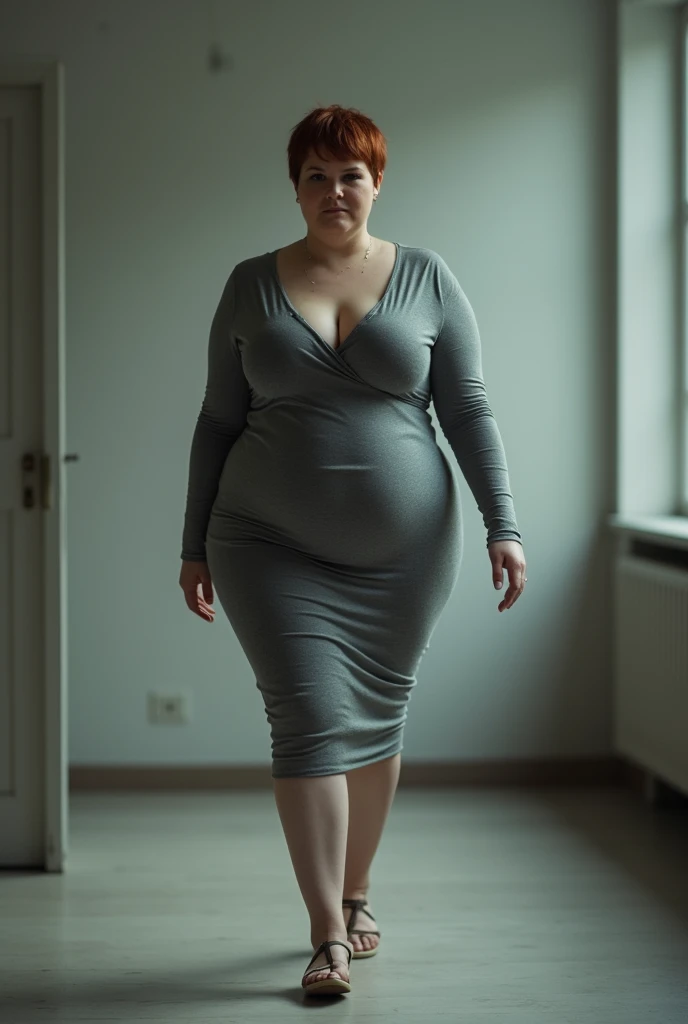 Full body shot. Indoor Side lighting. Shallow depth of field with plain blurred background. Tall and heavyset woman walking towards the camera and looking into camera. Woman is 4 and has large breasts. She has a Pixie cut hairstyle with reddish brown hair that is very short in length. She is wearing a thin grey dress with long sleeves. Erect and hard nipples. Its quite cold and nippy.