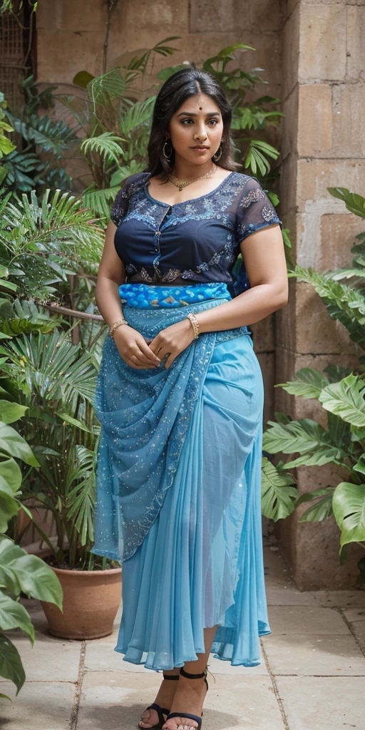 Day scene, A radiant, full-figured South Indian 35 year old aunty a blue colour chiffon mini skirt and black chiffon shirt, standing, in a garden captured in a full-body image with vibrant hues and meticulous details. Full body image