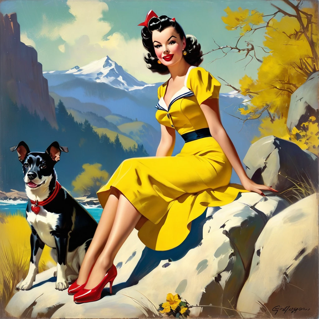 painting of a woman in a yellow dress sitting on a rock with a dog, gil elvgren style, pinup art, artgerm and gil elvgren, gill elvgren, by Gil Elvgren, pinup girl, vintage pin up, by Art Frahm, pin-up poster girl, girl pinup, pinup, pin up girl