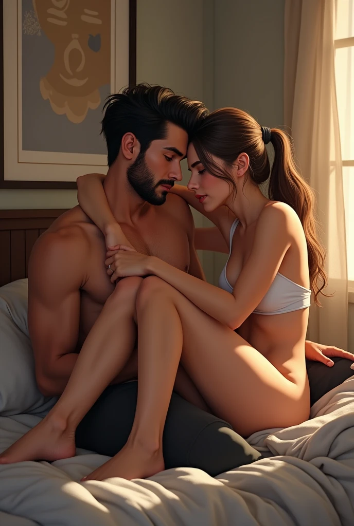 Cute age boy sitting on a bed with his cute long leg girlfriend, teenboy have sharp beard,the body of teenage was muscular