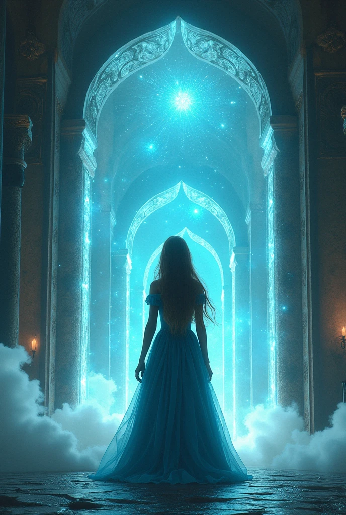 (Photofantasy:2.3) A girl in a blue medieval dress and long hair in front of several portals that take you to fantasy places 