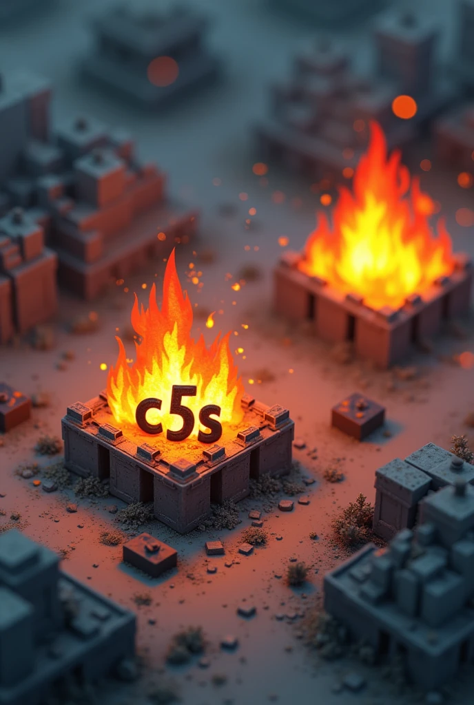 Last War game at war with miniature bases, all bases with the same strength and sizes. Of five bases, two of them are in burning flames with 2D game graphics with the alliance initials written &#39;C5S&#39; between one of the victorious castles written &#39;c5S&#39; in black in fire descending from the letters