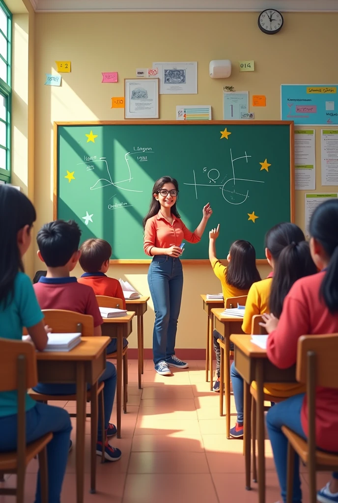 Classroom of 10th students with teacher near the board in 16:9 ratio indian school show the whole classroom