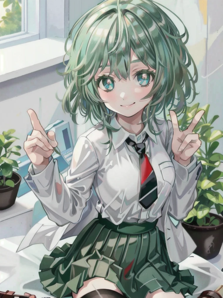 ((best quality)), ((highly detailed)), masterpiece, extremely detailed face, beautiful face, (detailed eyes, deep eyes), (1girl), cowboy shot, hagakure_tooru, short aqua hair, aqua eyes, white shirt, collared shirt, red necktie, grey blazer, BREAK, 
dark green pleated mini skirt, black socks, u.a. school uniform, smiling, outside