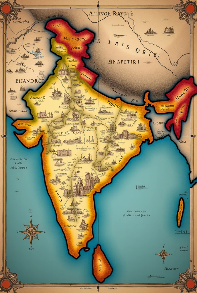 Create an illustration of a historical map of the Indian subcontinent from the 17th century, showing the international boundaries as they were at that time, including notable regions and territories