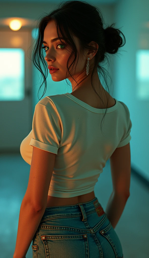 a cyborg woman with beautiful detailed green eyes,beautiful detailed lips,extremely detailed face,longeyelashes, short tight jeans, cute rainbow t-shirt, big breasts, cleavage, beautiful and sensual body,realistic,photorealistic,photo-realistic:1.37,(best quality,4k,8k,highres,masterpiece:1.2),ultra-detailed,(realistic,photorealistic,photo-realistic:1.37),cinematic lighting,dramatic lighting,intricate details,hyper realistic, back view
