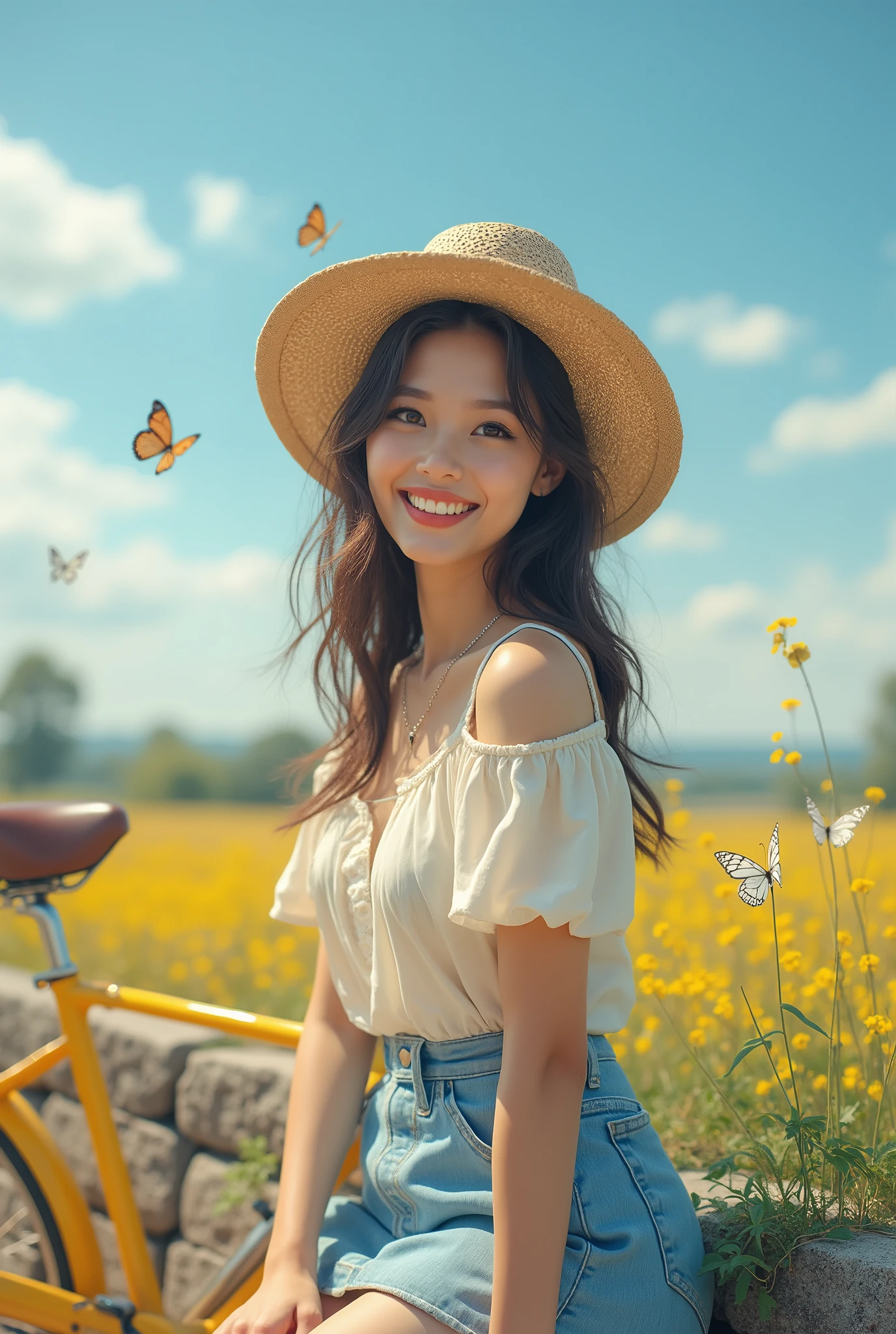 Hyper realistic faces a very sexy beautiful girl wearing a light-colored straw hat, light-colored top, and slim blue mini skirt is smiling and sitting next to a stone wall, with a full yellow classic bike accompanying her. Masterpiece bike. There are colorful river fields in the foreground, blue sky and white clouds in the background, focus a beautiful girl with realistic faces and best eyes, and a few butterflies flying, masterpiece, UHD, 18K