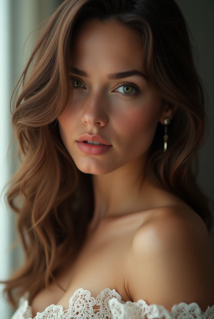 face of a sexy white woman with a face similar to scalett johanson, 20 years old, Brown hair, big boobs and a big butt, with chest measurements 110 centimeters, 65 cm waist and 120 cm rear, green eyes, heart shaped mouth, sensual look, with a height of 172 centimeters.