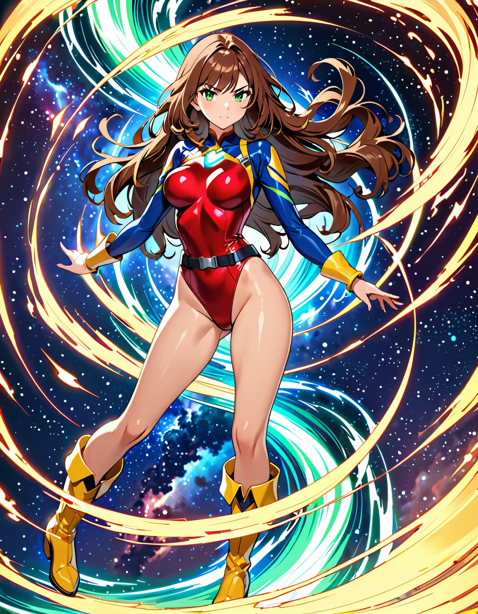 (masterpiece), (best quality), (high res), 1lady, tall body, finger proportions coordination, highly detailed, professional, beautiful detailed eyes, beautiful detailed face, perfect hands, complete fingers, perfect anatomy, perfect proportions, ((brown hair, medium hair, hair down)), ((green eyes)), serious expression, ((leotard, (red leotard), matching leotard)), (bare legs), (boots, matching boots, knee-high boots, yellow boots), breasts, medium breasts, looking at viewer, solo, solo focus, cowboy shot, space backdrop, (((fasten tight belt))), (blue sleeves, yellow cuffs), ((yellow hawk/(symbol/)) on chest), full body costume design. standing straight, (fast spin, dynamic whirl pose, spins fast in place like a tornado, whirls fast in place like a tornado, tornado whirling, spiral lines around her, speed lines around her, spinning energy pulse around her, storm winds around her, whirls into a tornado, (she whirls) at (super speeds)). full body costume design. curved sword slash. she super-spins, whirlwind, light particles.
