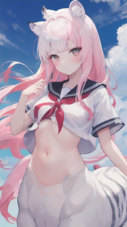 super detailed face, Draw the most beautiful eyes, Eyes are the most important, Skirt that flips up, summer clothes, navel exposed sailor suit, See-through sailor suit, wet clothes, Striped knee socks, blush, Confident laughter, Little devilish smile, solid color background, little devil horns
