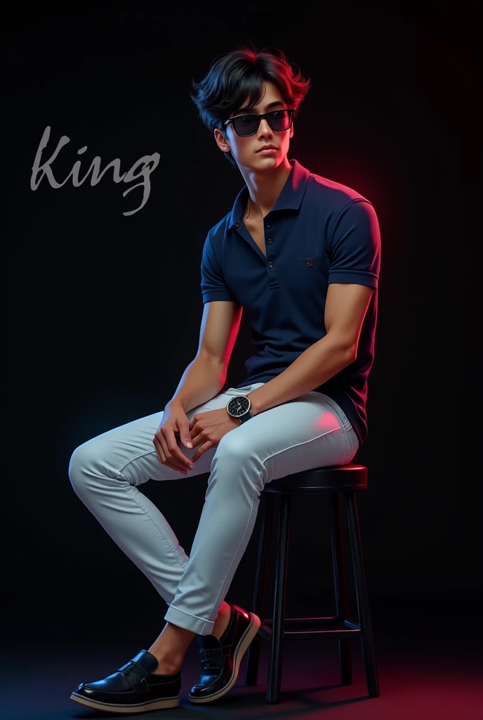 A tan boy with small muscles and black wave hair and navy blue polo t shirt, white long trousers, old watch, black loafers, wearing a sunglass and sitting on the black stool and in black background has written in curcive king in red and blue light on it the boy turning right