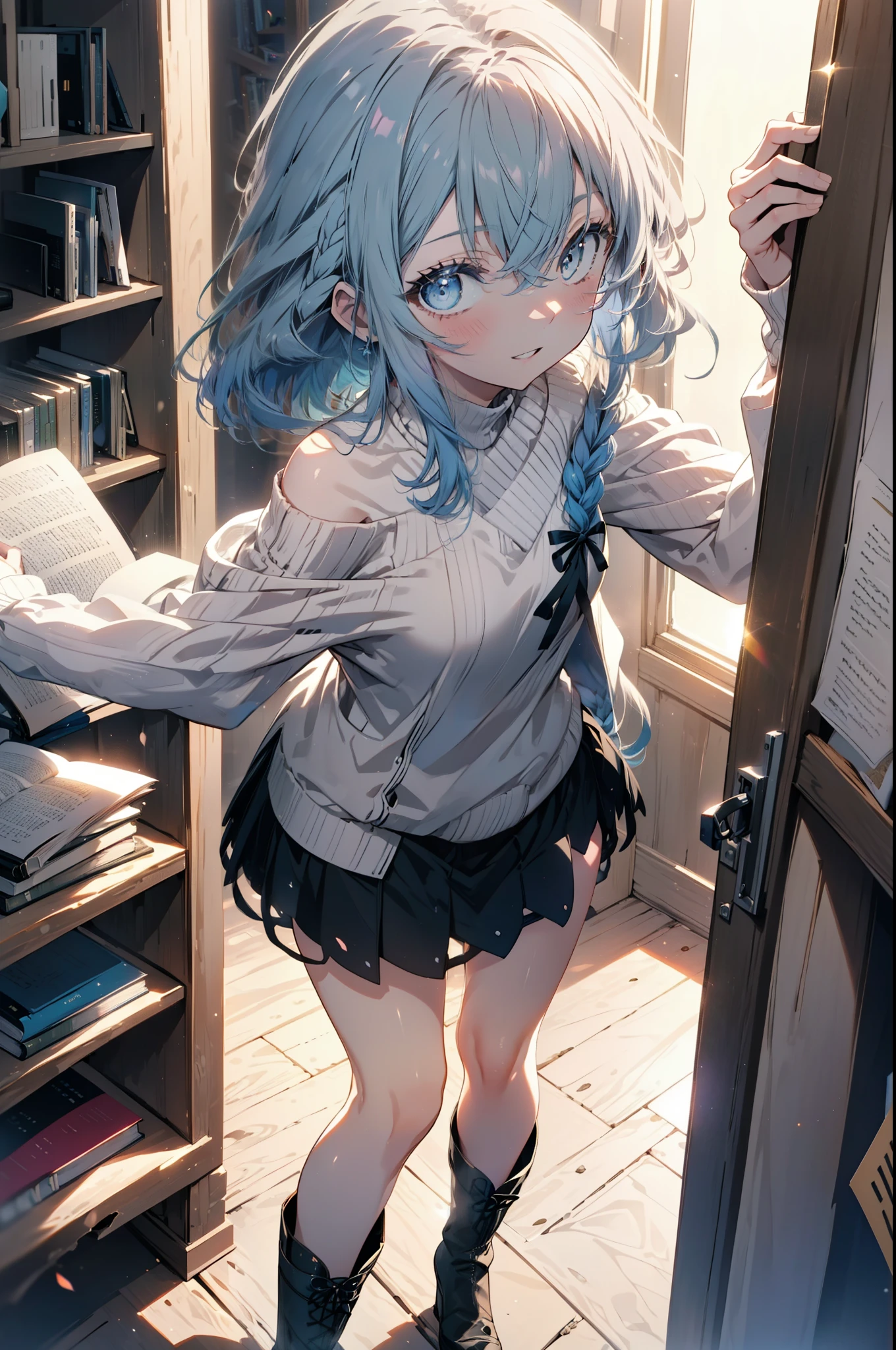 Roxymigurdia, Roxy, Ahoge, Black Ribbon, blue eyes, Blue Hair, Braiding, Hair between the eyes, Hair Ribbon, Long Hair, twin Braidings, very Long Hair, smile,blush,Open your mouth,Blue one-shoulder sweater,mini skirt,black tights,short boots,Book with both arms　Holding a spell book,Grimoire,Are standing,Bookshelf,There is a spellbook on the table,whole bodyがイラストに入る,
break looking at viewer,whole body,
break indoors,figure書館,
break (masterpiece:1.2), Highest quality, High resolution, unity 8k wallpaper, (figure:0.8), (Beautiful attention to detail:1.6), Highly detailed face, Perfect lighting, Highly detailed CG, (Perfect hands, Perfect Anatomy),