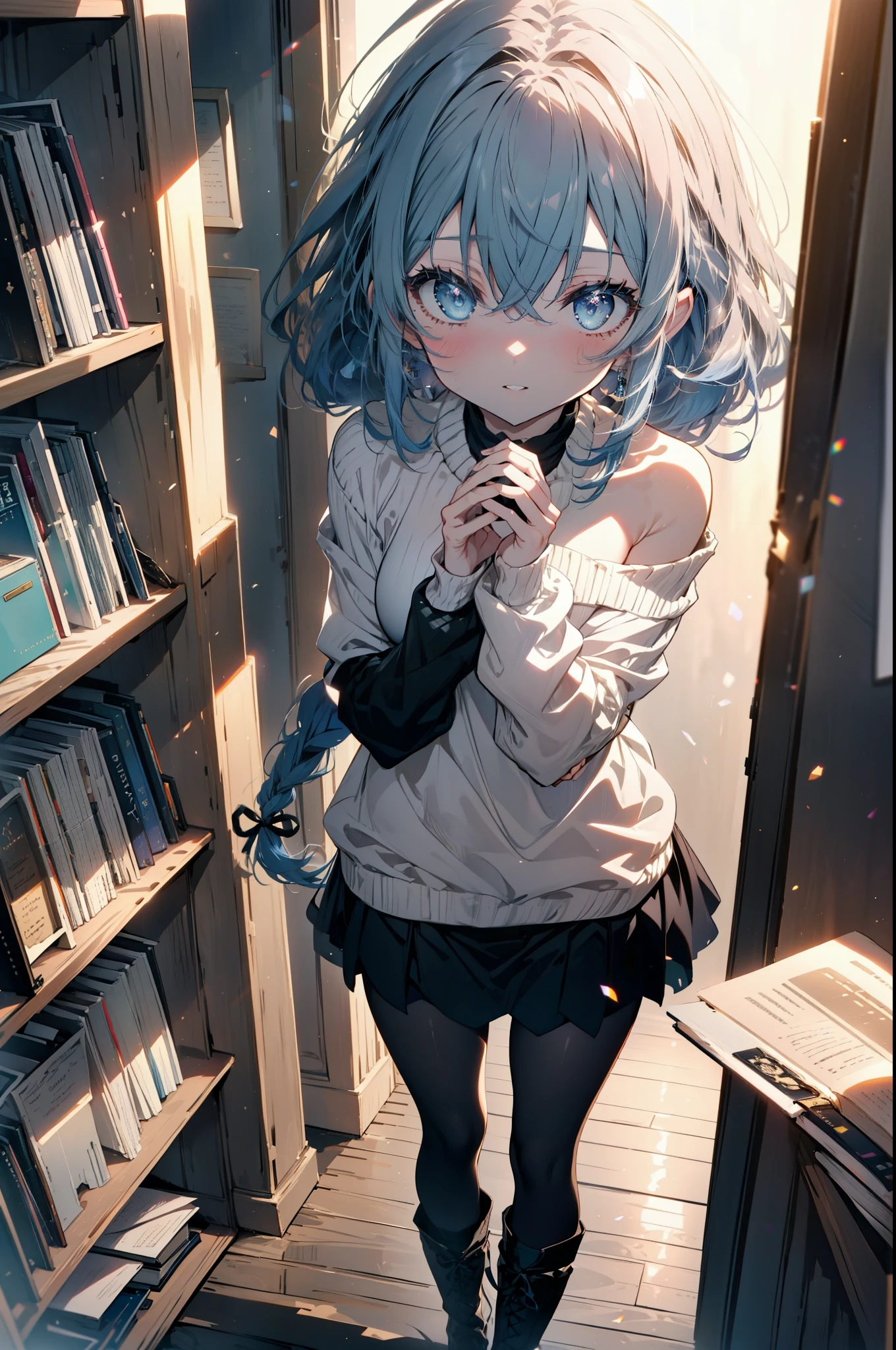 Roxymigurdia, Roxy, Ahoge, Black Ribbon, blue eyes, Blue Hair, Braiding, Hair between the eyes, Hair Ribbon, Long Hair, twin Braidings, very Long Hair, smile,blush,Open your mouth,Blue one-shoulder sweater,mini skirt,black tights,short boots,Book with both arms　Holding a spell book,Grimoire,Are standing,Bookshelf,There is a spellbook on the table,whole bodyがイラストに入る,
break looking at viewer,whole body,
break indoors,figure書館,
break (masterpiece:1.2), Highest quality, High resolution, unity 8k wallpaper, (figure:0.8), (Beautiful attention to detail:1.6), Highly detailed face, Perfect lighting, Highly detailed CG, (Perfect hands, Perfect Anatomy),