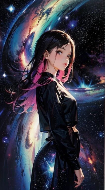 Masterpiece, best quality,1girl, solo, cute girl, colorful, multicolored, universe,Galaxy, Milky Way