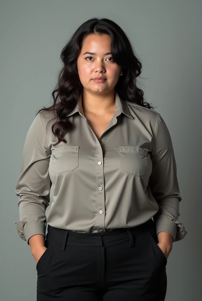 1 girl standing alone, fat biotype, rare, serious style, 28 year old girl face, vivid colors, business photo, shirt