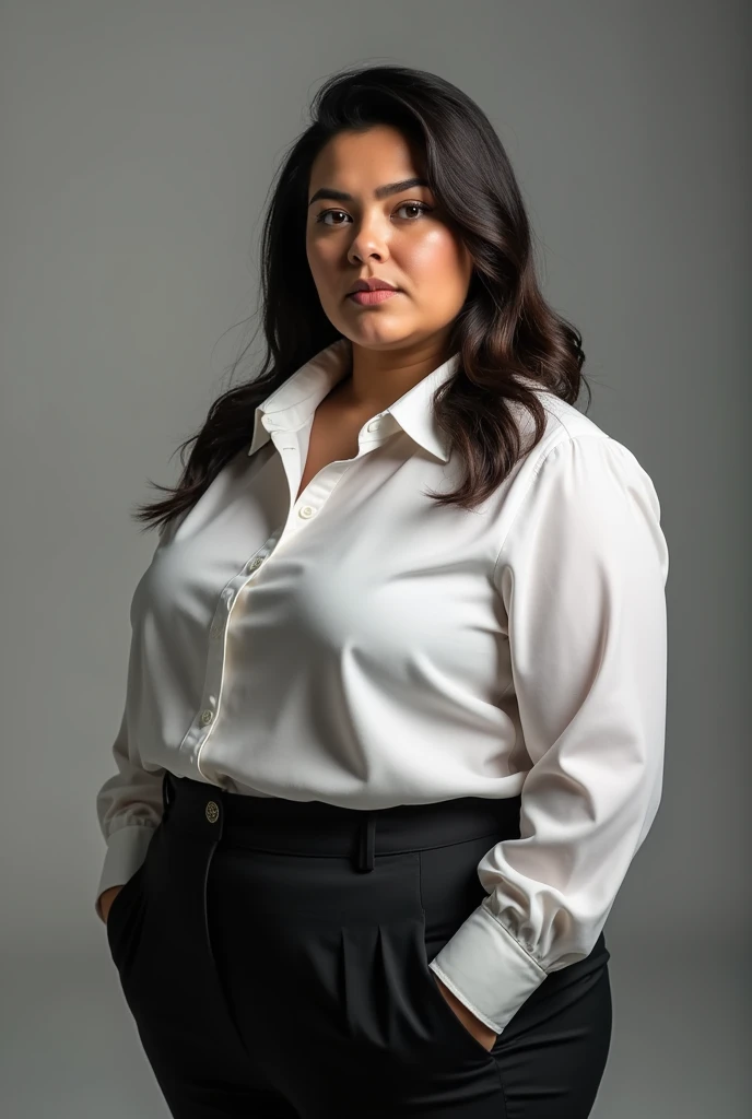 1 girl standing alone, fat biotype, rare, serious style, 28 year old girl face, vivid colors, business photo, shirt