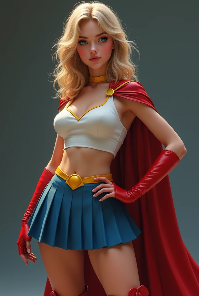 full view of A SEXY AGE FEMALE WITH DARK BLUE EYES AND MEDIUM MESSY GOLDEN BLONDE HAIR WEARING A CLASSIC WHITE SUPERMAN LONG SLEEVED CROP TOP COSTUME, A SHORT BLUE PLEATED SKIRT WITH A YELLOW BELT, RED HIGH HEELED BOOTS, AND SHORT RED SUPERMAN CAPE WITH YELLOW TRIM. large breasts, incredibly detailed skin and eyes, seductive poses, 8K resolution, masterpiece, ultra-detailed, realistic, photo-realistic, vivid colors, dramatic lighting,