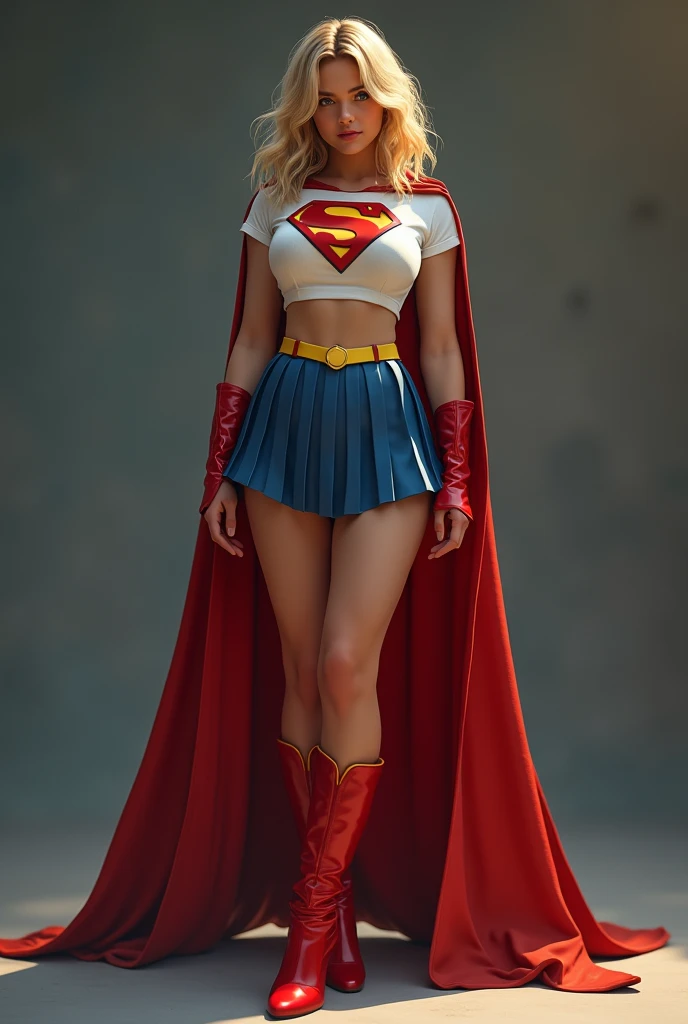 full view of A SEXY TEENAGE FEMALE WITH DARK BLUE EYES AND MEDIUM MESSY GOLDEN BLONDE HAIR WEARING A CLASSIC WHITE SUPERMAN LONG SLEEVED CROP TOP COSTUME, A SHORT BLUE PLEATED SKIRT WITH A YELLOW BELT, RED HIGH HEELED BOOTS, AND SHORT RED SUPERMAN CAPE WITH YELLOW TRIM. large breasts, incredibly detailed skin and eyes, seductive poses, 8K resolution, masterpiece, ultra-detailed, realistic, photo-realistic, vivid colors, dramatic lighting,