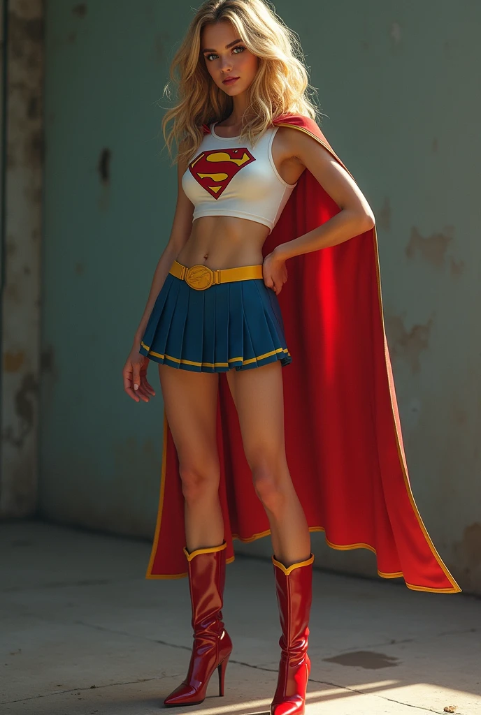 full view of A SEXY AGE FEMALE WITH DARK BLUE EYES AND MEDIUM MESSY GOLDEN BLONDE HAIR WEARING A CLASSIC WHITE SUPERMAN LONG SLEEVED CROP TOP COSTUME, A SHORT BLUE PLEATED SKIRT WITH A YELLOW BELT, RED HIGH HEELED BOOTS, AND SHORT RED SUPERMAN CAPE WITH YELLOW TRIM. large breasts, incredibly detailed skin and eyes, seductive poses, 8K resolution, masterpiece, ultra-detailed, realistic, photo-realistic, vivid colors, dramatic lighting,