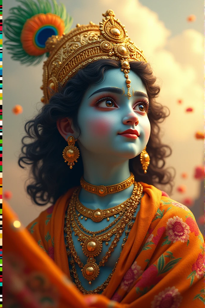 ((best quality)), ((masterpiece)), (detailed), perfect faceA golden fantasy portrait of Lord Krishna in colorful soft cotton armor and a peacock crown. He has intricate patterns on his body and is a God with a soft heart . Krishna is captured full body in sky from a low angle, looking up at the viewer with a captivating gaze. The background is a chaotic scene with splashes of kaleidoscopic colors. The golden sunlight casts a warm, alluring glow on the scene, highlighting Krishna's beautiful enigmatic presence. The overall ambiance is a blend of excitement, surrealism, and whimsy.