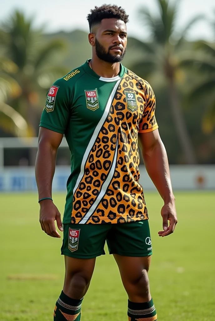 Create a leopard-inspired rugby uniform in Fiji style with the colors green, white, orange and black