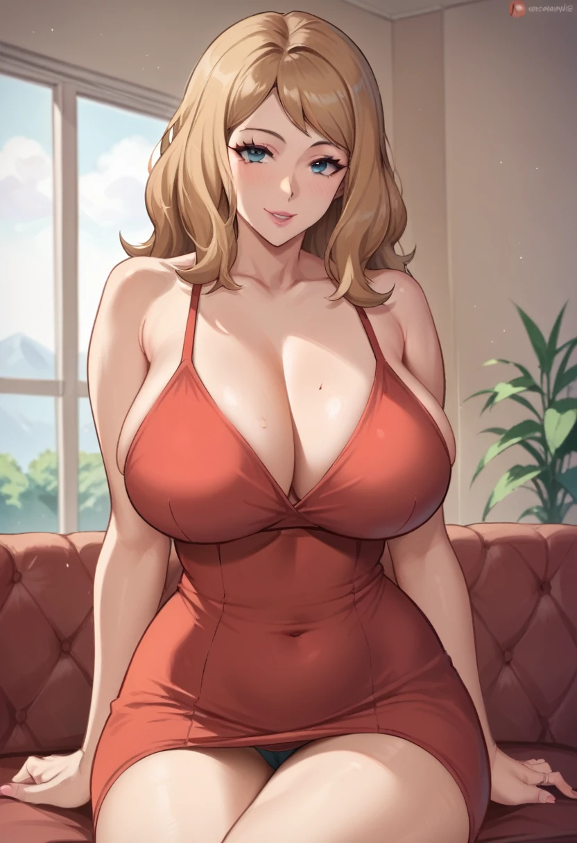 1girl, mature female, older, huge breasts, milf, motherly, wide hips, curvy, serena (pokemon), collarbone, lips, score_9, score_8_up, score_7_up, score_6_up, source_anime, Accurate describe shapes, beautiful face, expressive eyes, looking at viewer, solo, close-up, sitting, sofa, indoors, scenery, dramatic lighting, seductive smile