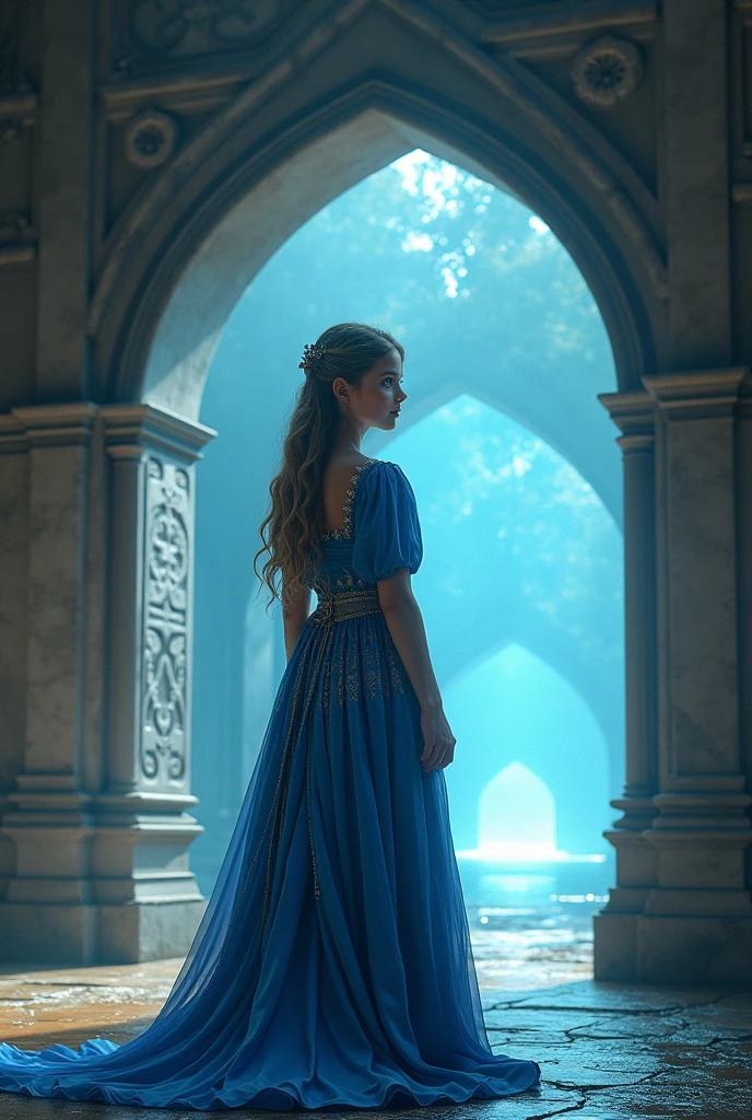 (photorealism:2.3) A girl in a blue medieval dress and long hair in front of several portals that take you to fantasy places 