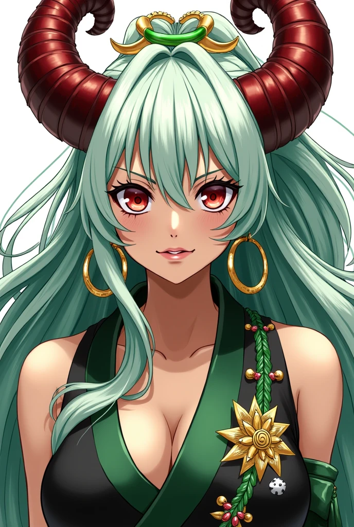 yamato\(one piece\), hair ornament, kimono, oni, earrings, japanese clothes, 1girl, hoop earrings, sleeveless, hair stick, multicolored hair, looking at viewer, upper body, red eyes, solo, curled horns, horns, arms up, sideboob, green hair, cleavage, sleeveless kimono, long hair, jewelry, absurdly large enormous breasts, blush, red horns, collarbone,portrait, yamato\(one piece\)multicolored hair,white hair,green hair, oni horn ,colored horn,long hair,red eyes, massive breasts, huge breasts