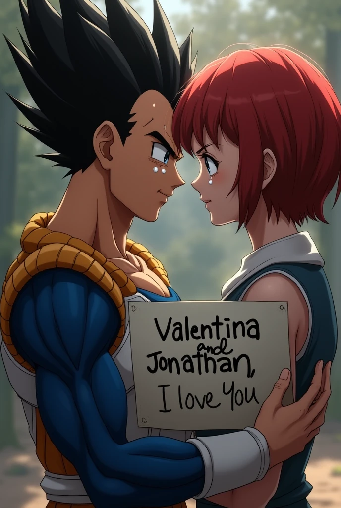 Vegeta crying , saying goodbye to Bulma who has short red comor hair and a sign that says "Valentina and Jonathan I LOVE YOU"