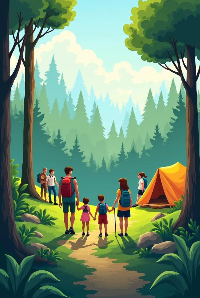 Create a contemporary poster design combining forest reforestation week and forest camping activities